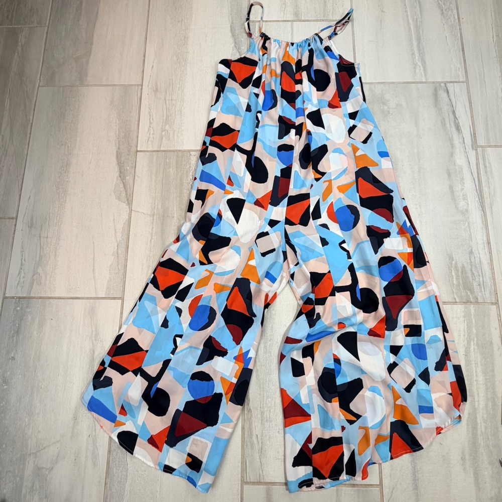 Anthropologie Geometric Abstract Print Wide Leg Jumpsuit Blue Orange XS